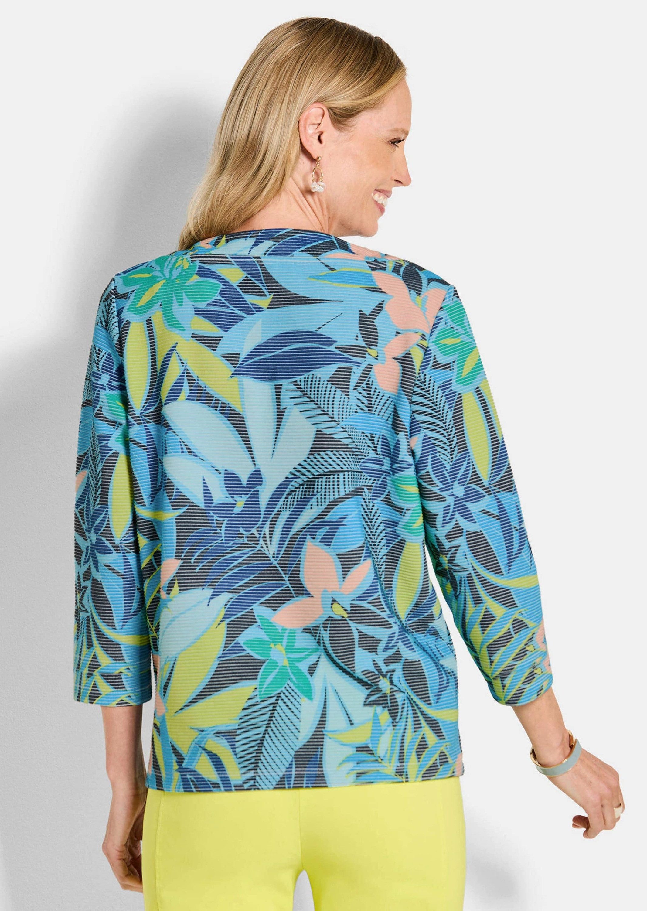 GOLDNER Sweatshirt Druckpullover mit Dschungel-Design Druckshirt mit U-Boot-Ausschnitt, Querrippstruktur und 3/4-Ärmeln