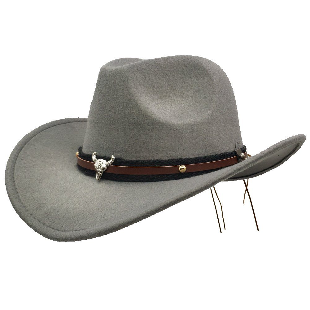 Yalion Cowboyhut Western Cowboyhut Herren Temperament Sämischleder Hut Grau geschwungene Krempe