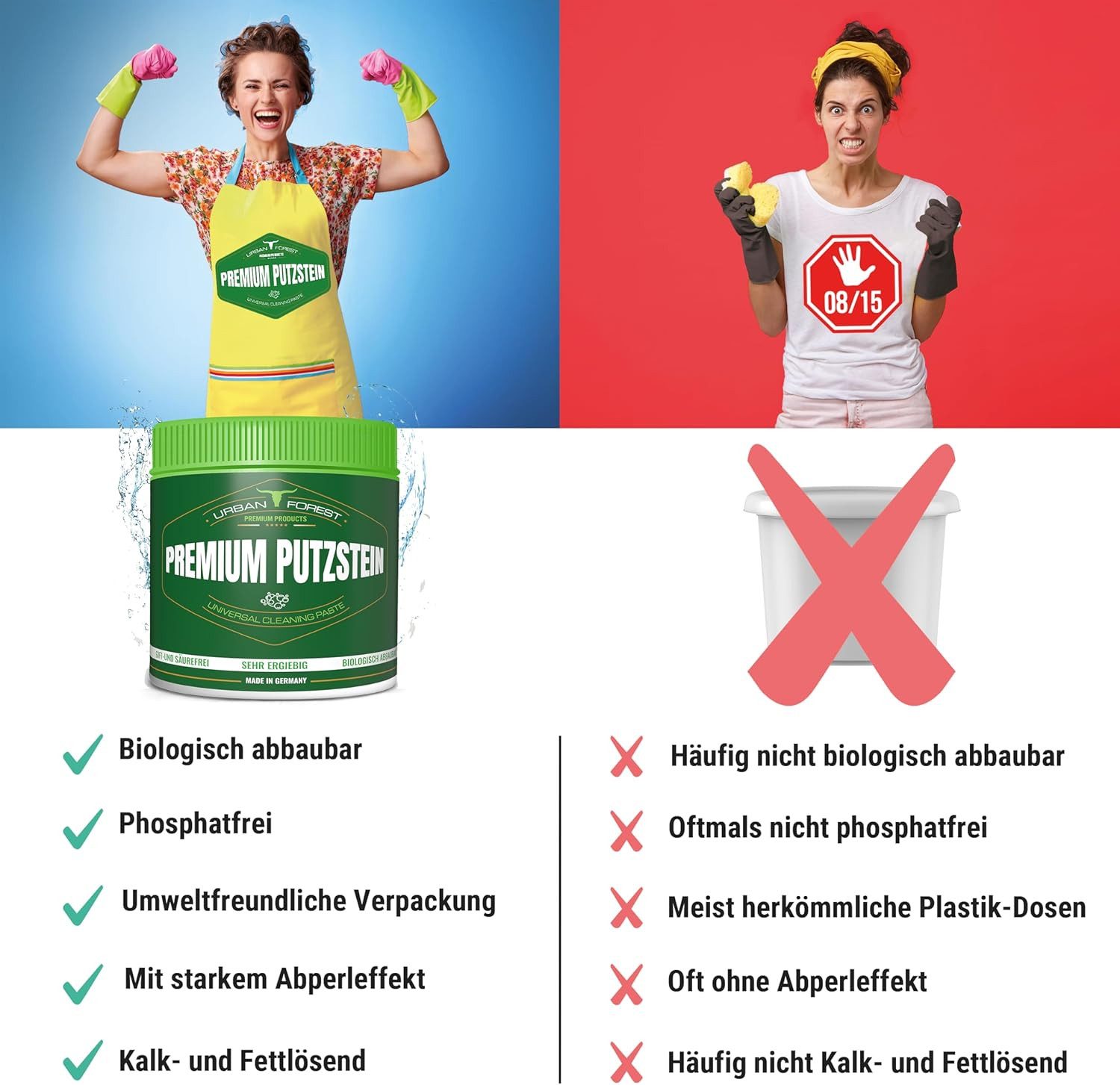 URBAN FOREST Premium Putzstein intensiv Universalreiniger 900g + Schwamm Made in DE Putzstein (2-St. Putzstein + Schwamm)