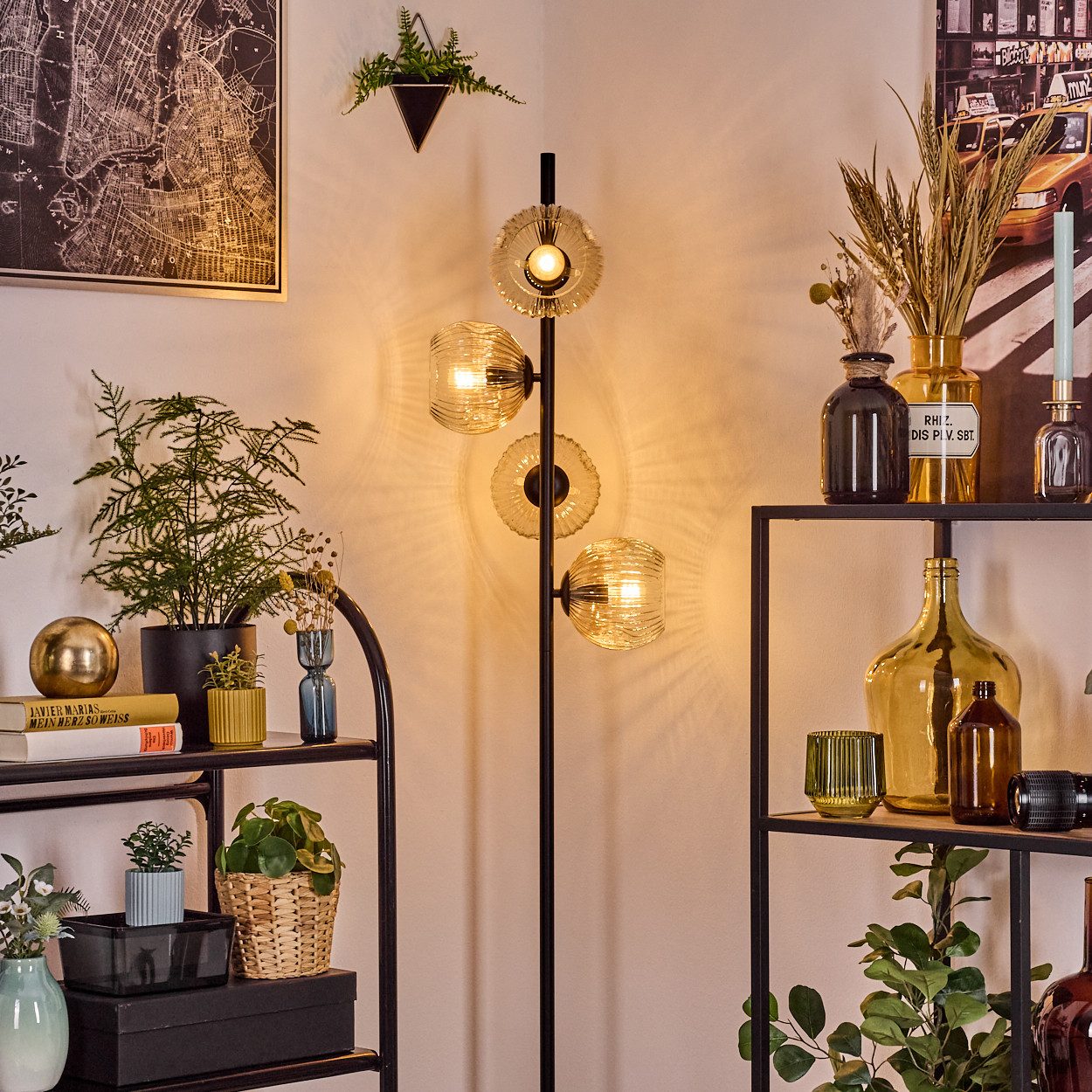 hofstein Stehlampe Stehlampe aus Metall/Riffelglas in Schwarz/Bernsteinfarben/Klar, ohne Leuchtmittel, Stehleuchte Retro/Vintage, Ø Schirme 15 cm, Fußschalter, 160 cm, E14