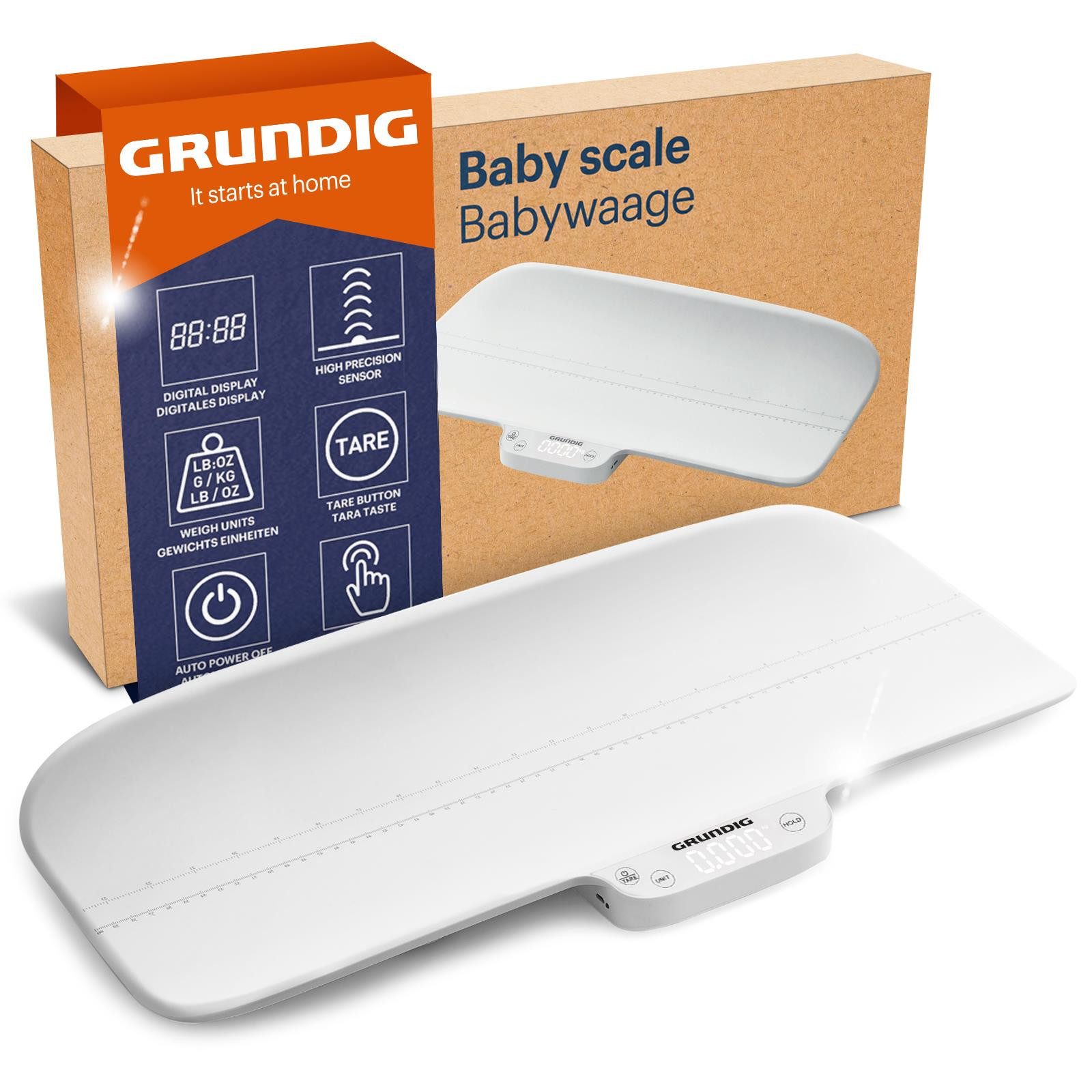 Grundig Personenwaage Babywaage mit Körperlängen Messung, hochpräzise Waage mit Hold Automatik bei Strampelmäusen