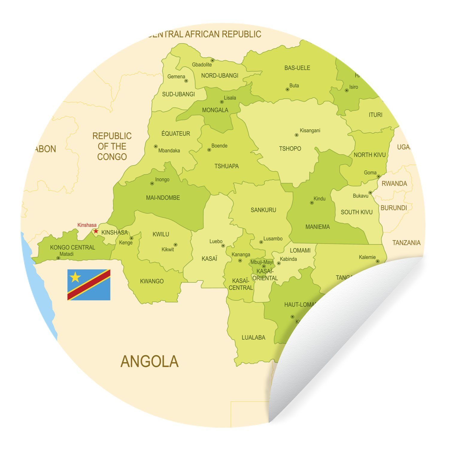 MuchoWow Wandsticker Illustration von Kongo-Kinshasa auf einer grünen Karte (1 St), Tapetenkreis für Kinderzimmer, Tapetenaufkleber, Rund, Wohnzimmer