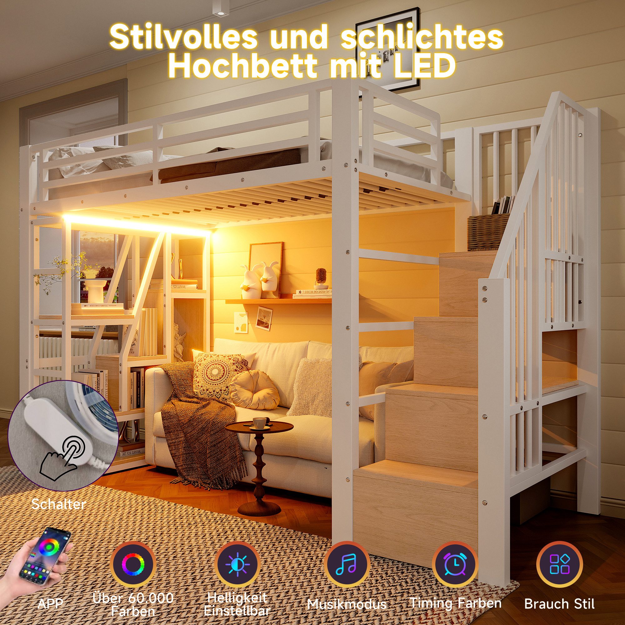 Odikalo Hochbett Metallbett 90x200 140x200 mit Stauraum,LED (Hochbett, 90 x 200 cm, Eisenrahmen, Ablagefach, integrierte Stufen, Schutzgeländer, Leiter, mit LED-Lichtleiste, offener Stauraum unter dem Bett, Matratze nicht im Lieferumfang enthalten)