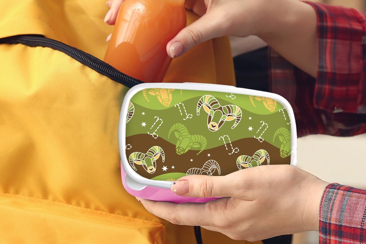 MuchoWow Lunchbox Steinbock - (2-tlg), Gestaltung Erwachsene, Kunststoff Brotbox Astrologie, Mädchen, Kunststoff, Kinder, Brotdose rosa Snackbox, für 