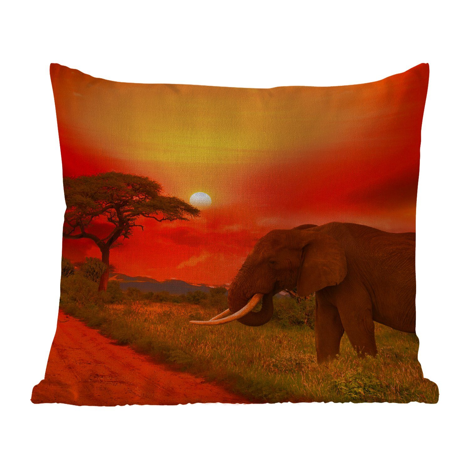 MuchoWow Dekokissen Elefant - Tiere, Kissenhülle, Savanne - Kissenbezüge, Orange Sonnenuntergang - - Outdoor Dekokissenbezug, Dekokissen