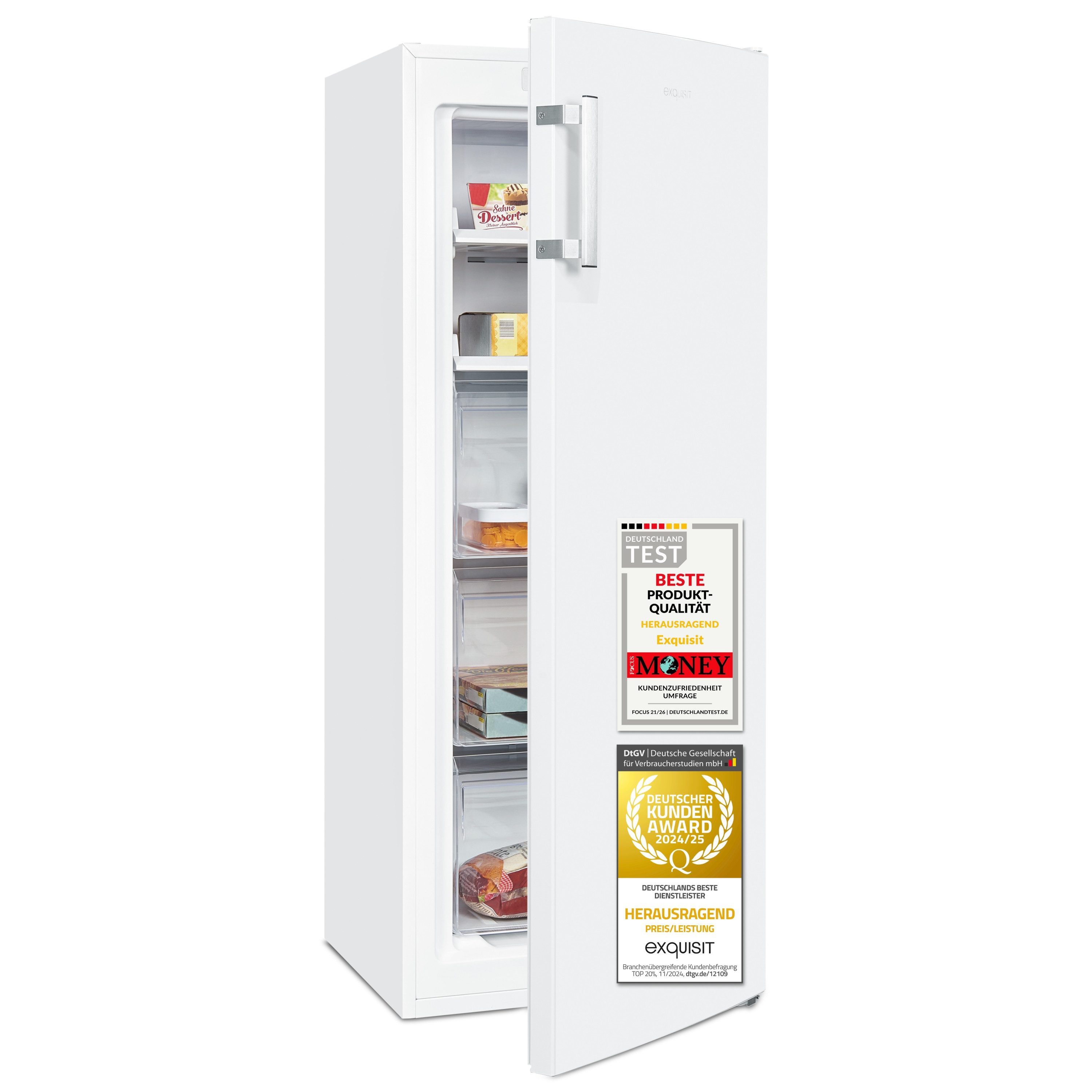 exquisit Gefrierschrank GS5231-NF-H-040C weiss, 143 cm hoch, 54 cm breit, NoFrost, Abtauverfahren automatisch, Schnellgefrierfunktion