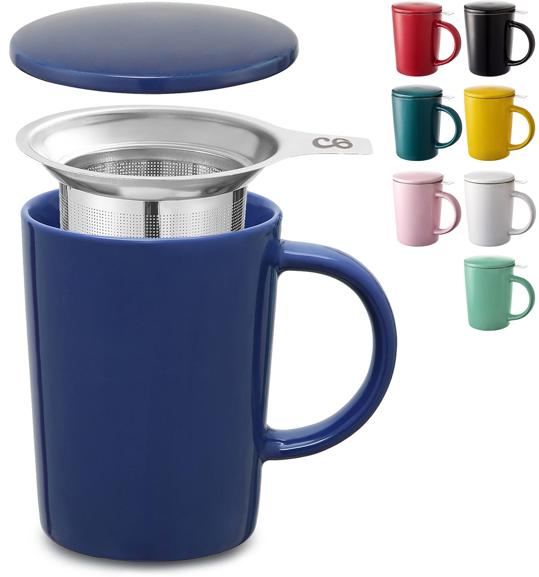 Cosumy Teeglas Teetasse mit Sieb und Deckel 400ml - Jumbotasse, Keramik, Hält Lange warm - 400 ml Groß - Spülmaschinenfest