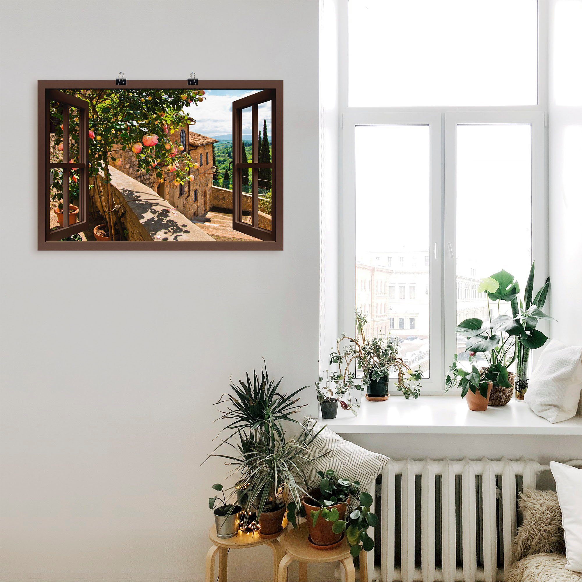 Artland Wandbild Fensterblick Rosen auf Balkon Toskana, Garten (1 St), als Leinwandbild, Poster in verschied. Größen
