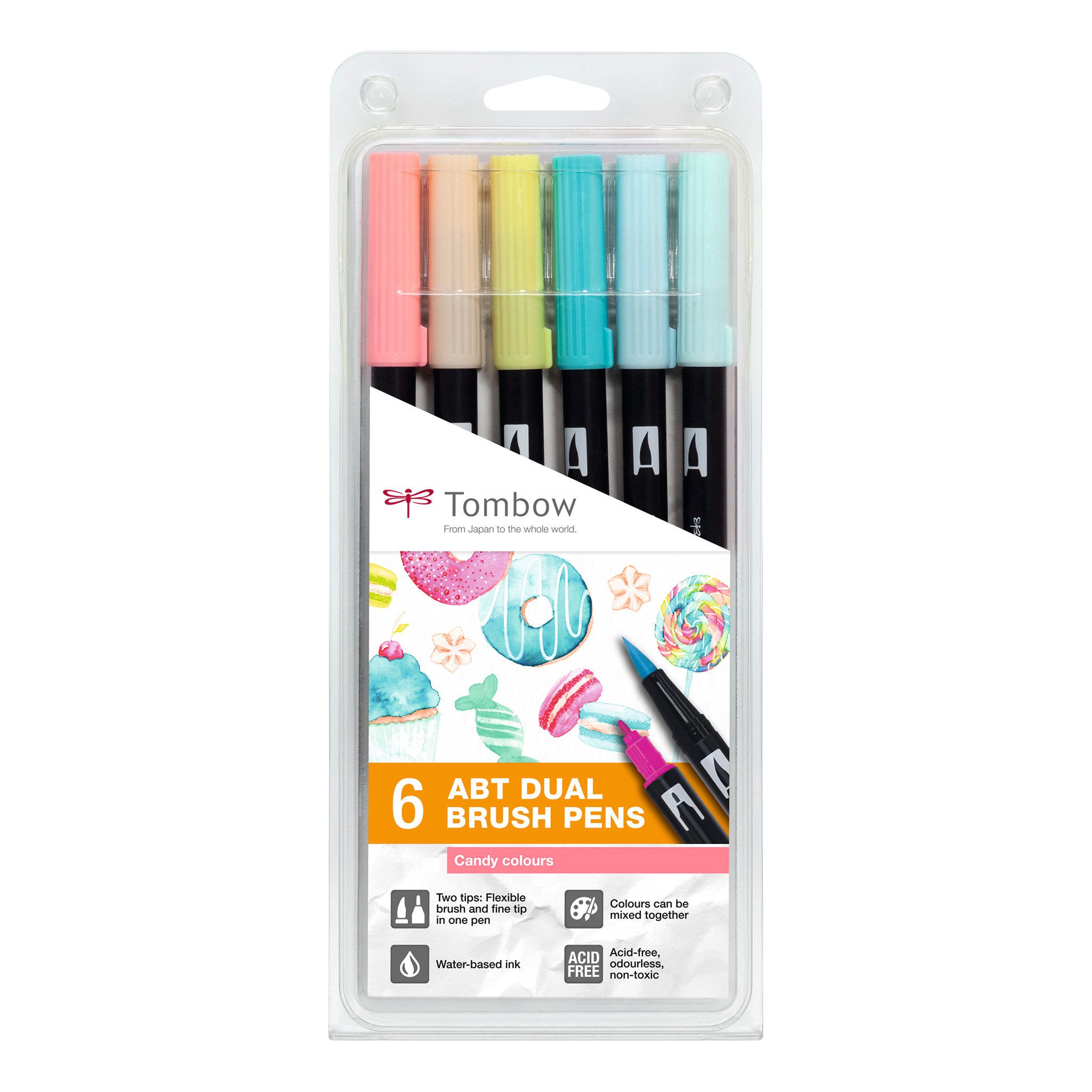 TOMBOW Pinselstift Tombow ABT Dual Brush Pen, (6er Set Candy Farben), zwei Spitzen, für Hand Lettering & Bullet Journal, wasservermalbar