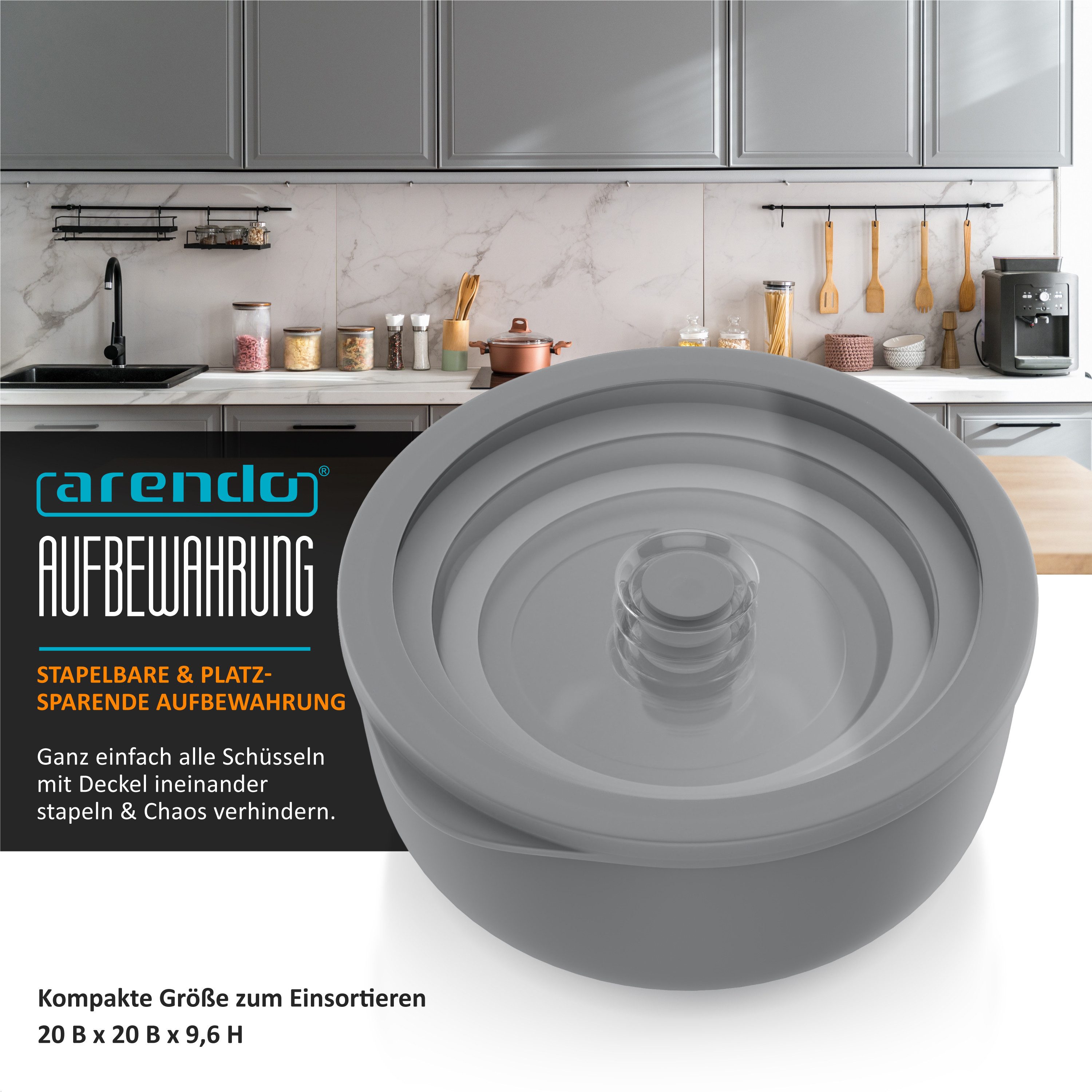 Arendo Rührschüssel 4er Plastikschüssel-Set mit Deckel 0,35 L / 0,65 L / 1,2 L / 2,0 L, Kunststoff, (Set, 4-tlg), rund, BPA-frei, Spülmaschinen und Mikrowellen  – Bild 3 von 5