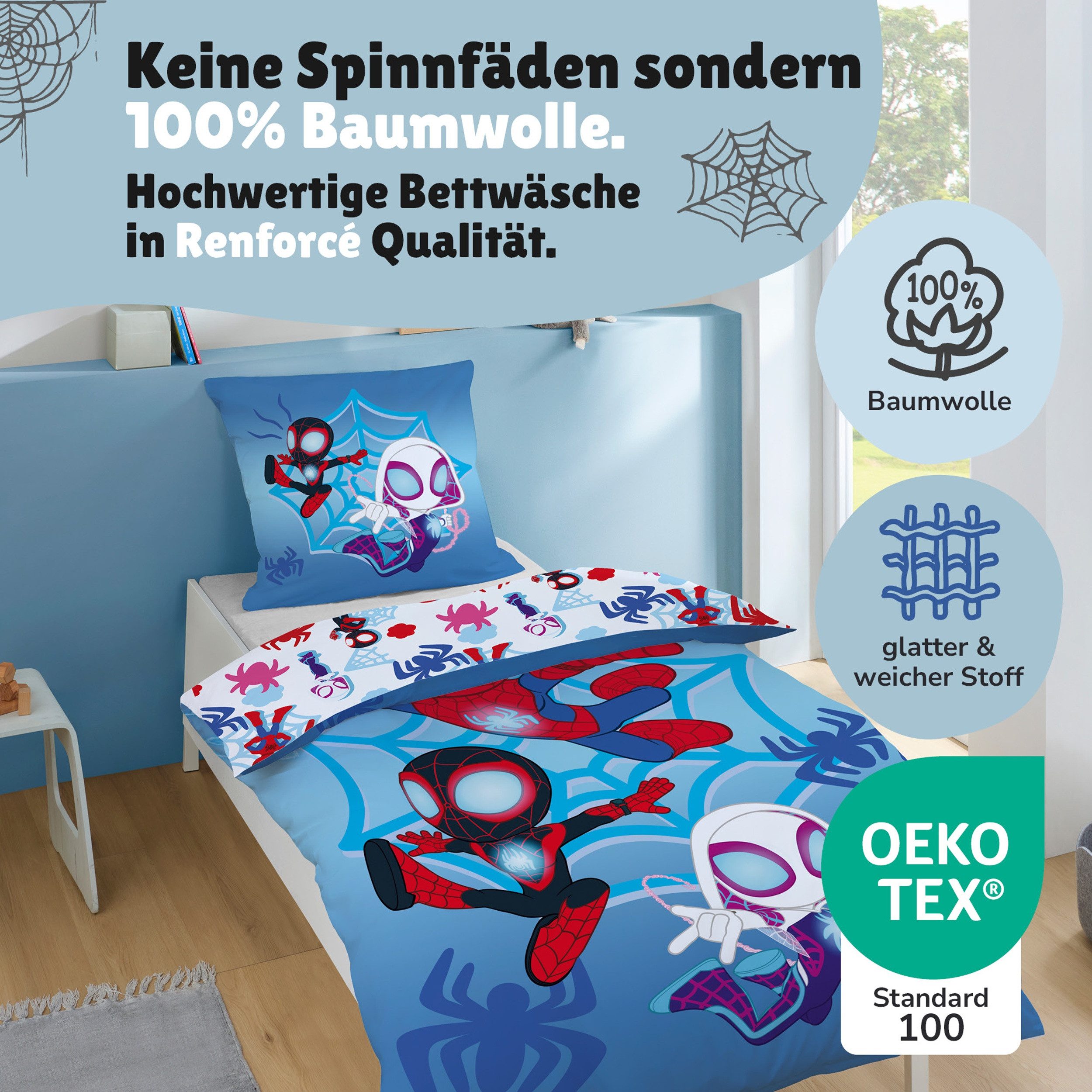 Familando Kinderbettwäsche Spidey und seine Super Freunde 135x200 80x80 cm aus 100% Baumwolle, Renforcé, 2 teilig, mit Wendemotiv auf Kissen und Decke – Bild 5 von 5
