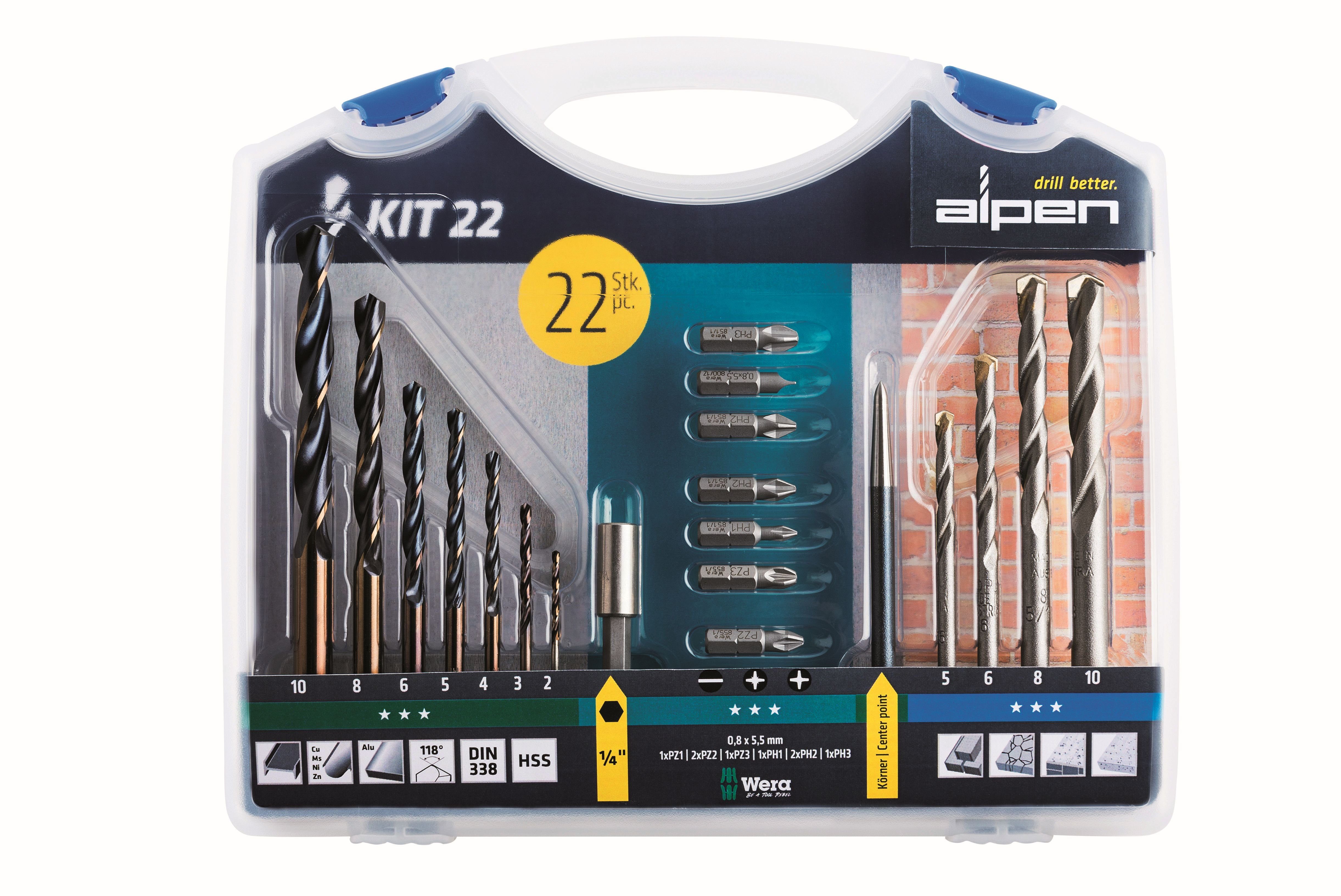 Alpen und KIT Bohr- 22 Schraubset MZ-Set mit 22-tlg und Bohrer- Alpen Kunststoffkoffer Bit-Set