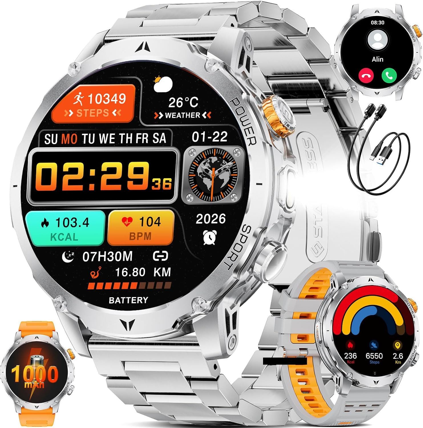 SUNKTA Heren"s Bluetooth Telefonfunktion Herzfrequenz SPO2 Schlafmonitor IP68 Smartwatch (1,7 Zoll, Android/iOS), 100+Sportmodi Aktivitätstracker Anrufe Benachrichtigungen 1000mAh Akku