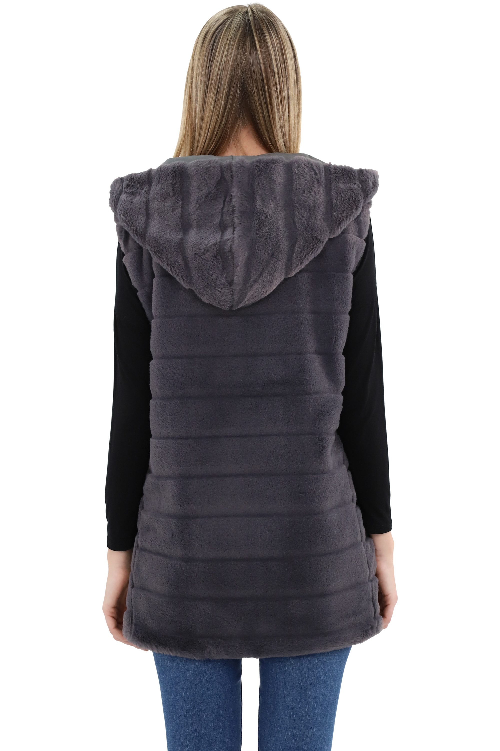 malito more than fashion Longweste malito Damen Longweste mit Kapuze, gerippte Weste aus Kunstpelz, mit Kapuze