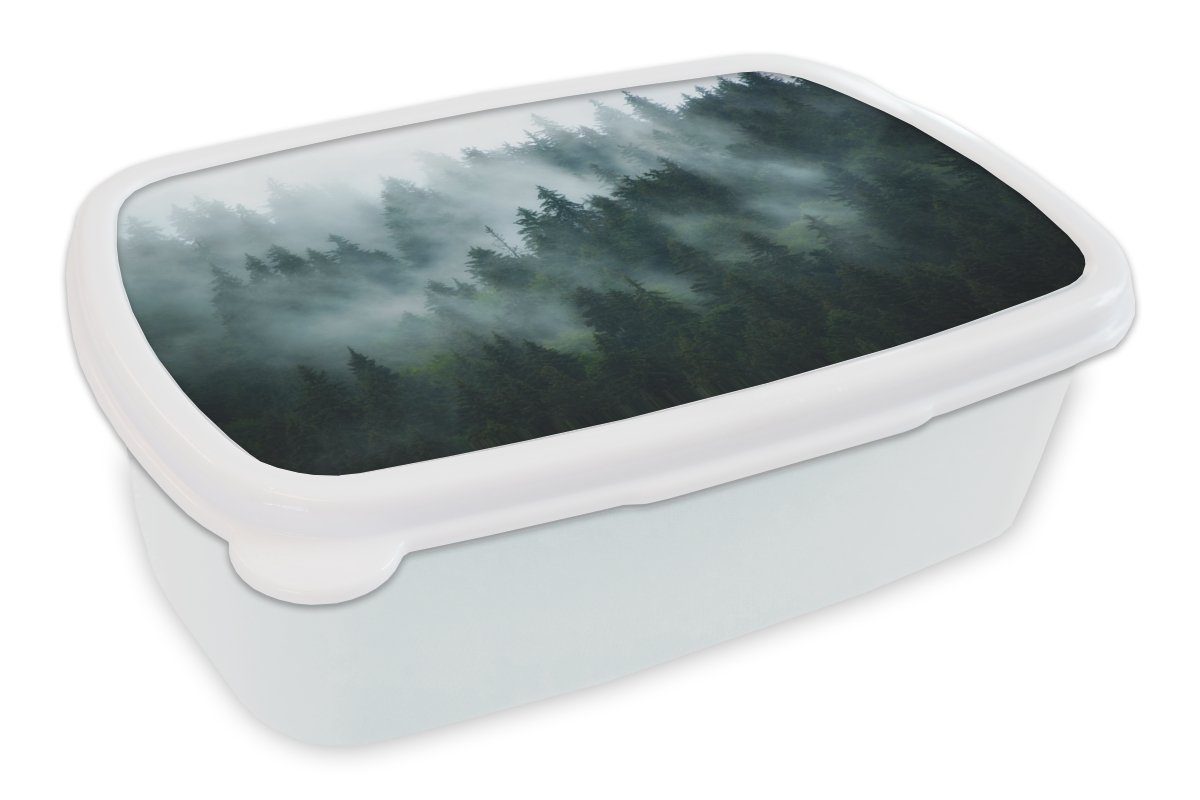 MuchoWow Lunchbox Nebel - Bäume - Wald, Kunststoff, (2-tlg), Brotbox für Kinder und Erwachsene, Brotdose, für Jungs und Mädchen weiß