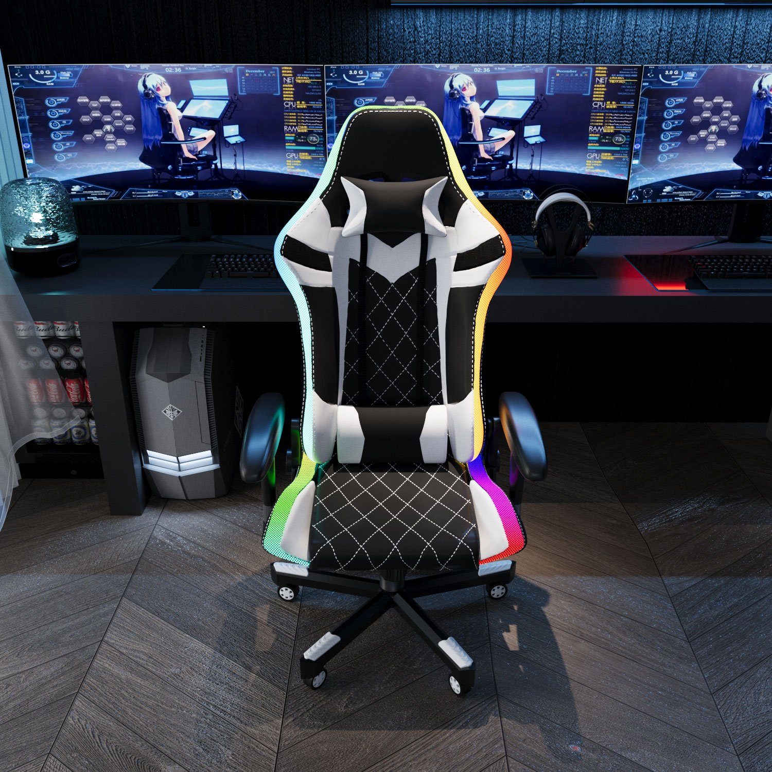 GUNJI Gaming Gaming kg Bürostuhl 150 LED, Chair für Stuhl Weiß mit PU-Leder Belastbarkeit