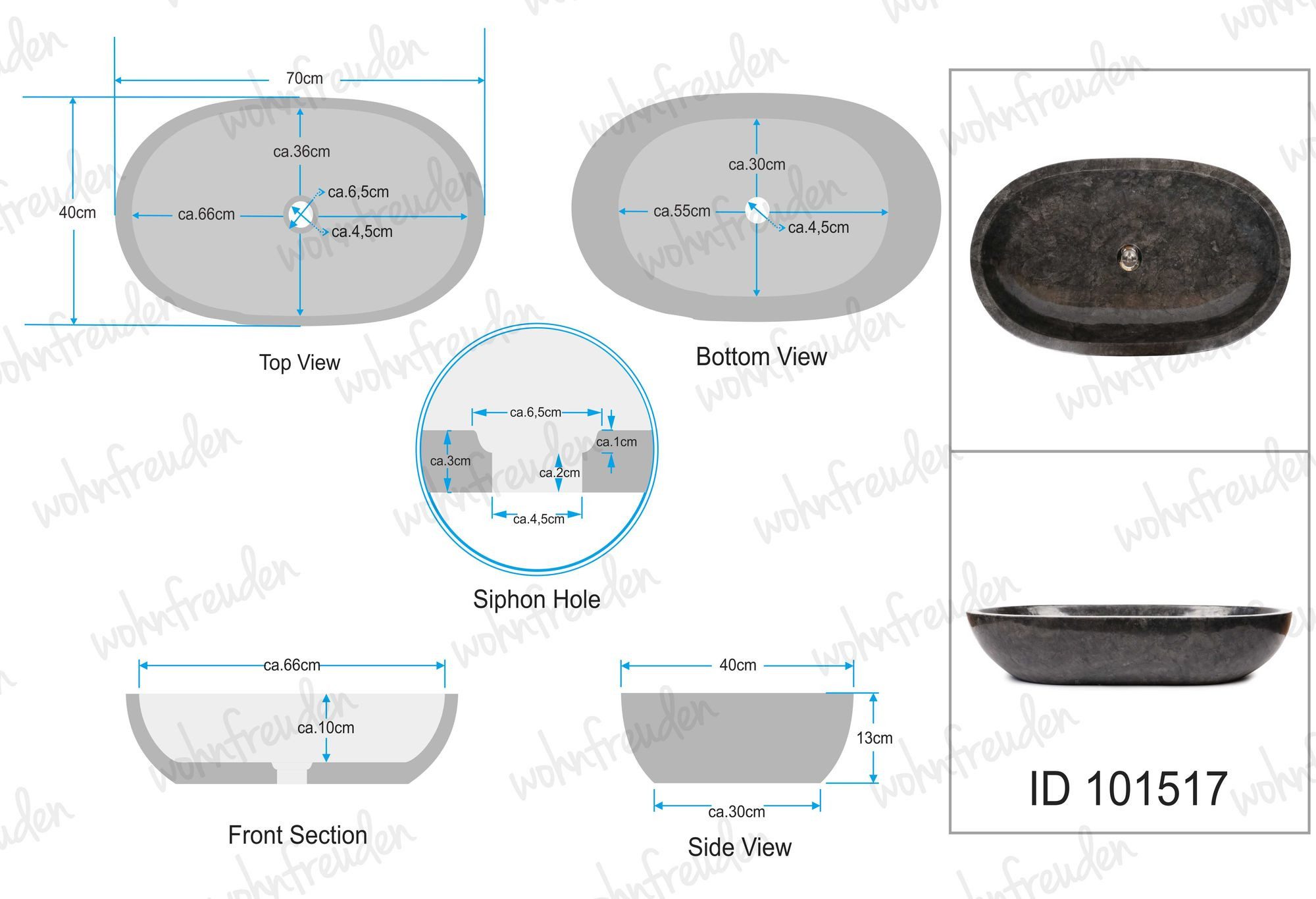 wohnfreuden Aufsatzwaschbecken Andesit Waschbecken MARA oval anthrazit 70 cm (Kein Set), 5_101517