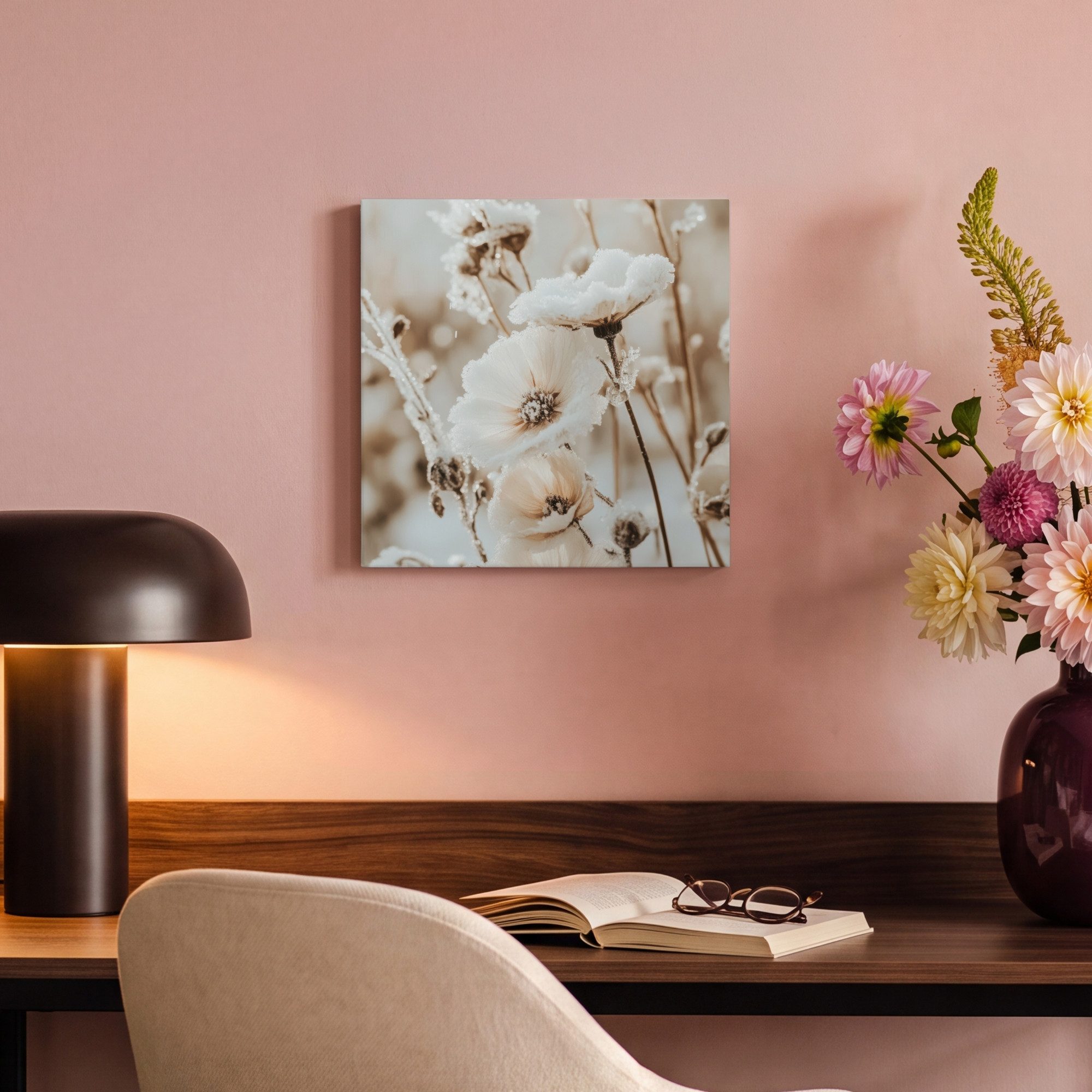 OneMillionCanvasses® Leinwandbild Blumen - Winter - Weiß - Schnee - Beige, Fotodruck (1 St), Wandbild, Deko Schlafzimmer Wohnzimmer Flur 20x20 cm – Bild 4 von 5