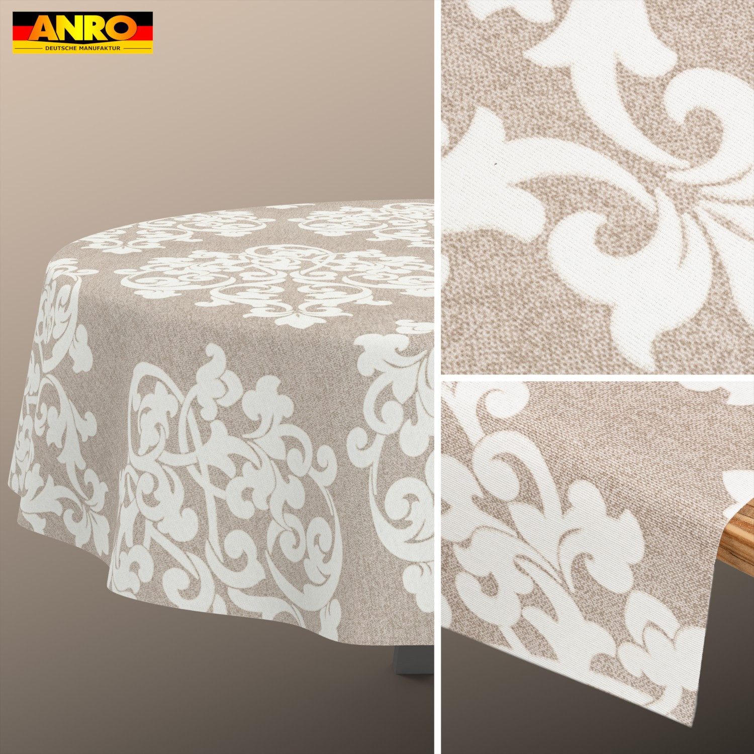 ANRO Tischdecke abwaschbar Baumwolloptik Barock Ornament Beige wetterfest (Einzelstück 1-tlg, eine Tischdecke), Stofftischdecke schmutzabweisend 160x140cm Barock Ornament Beige