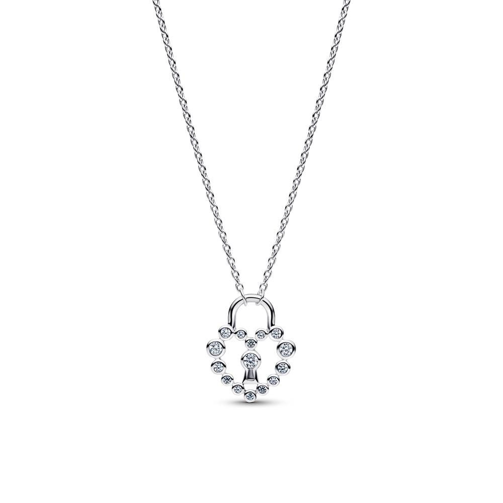 Kette mit Anhänger Damenkette Herzschloss, 925er Silber, Zirkonia von PANDORA Moments