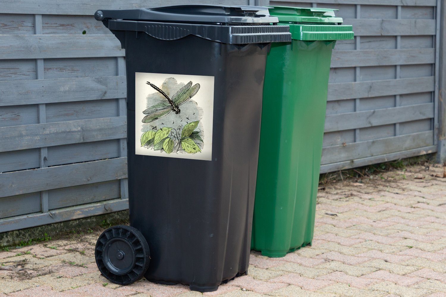 MuchoWow Wandsticker Mülleimer-aufkleber, Container, grünen Abfalbehälter St), einer Sticker, Mülltonne, Libelle Illustration (1 Eine