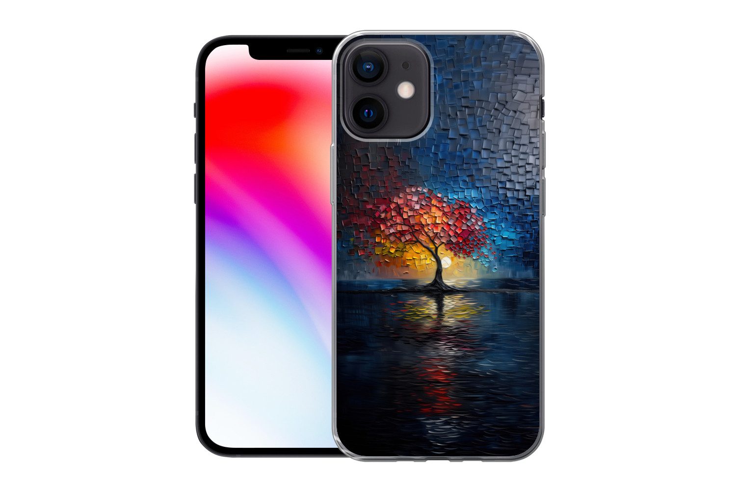 MuchoWow Handyhülle für Apple iPhone 12 Baum - Blau - Blätter - Boxen, Smartphone-Bumper, Print, Handy Schutzhülle Dünn