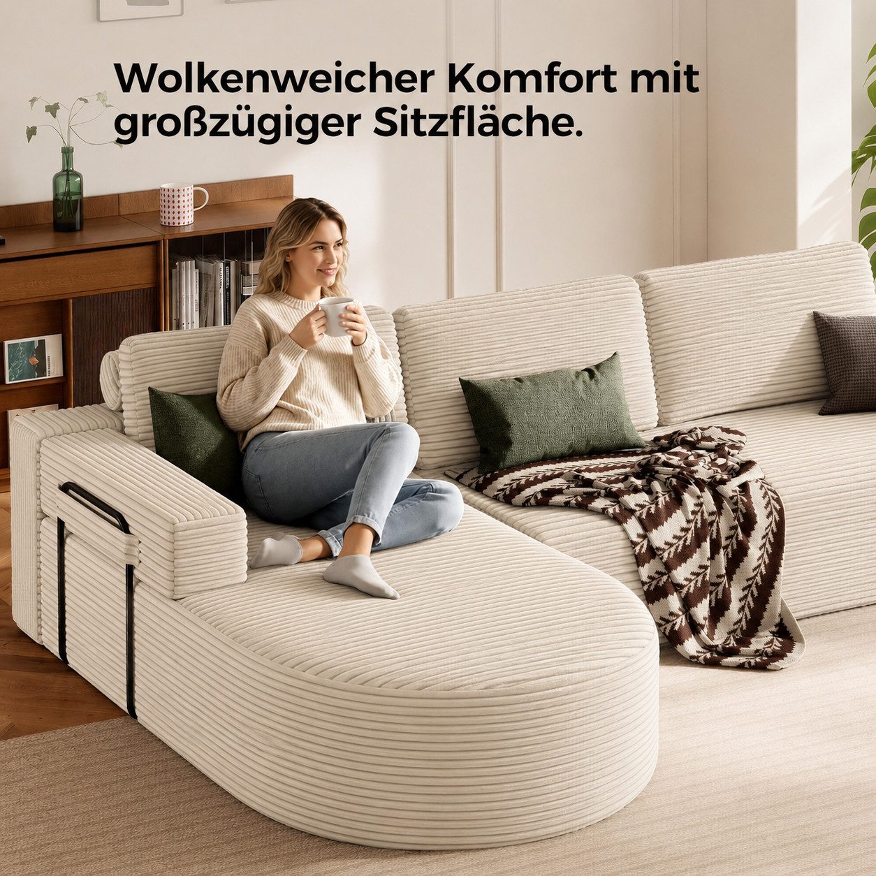 Patbrela Ecksofa Cord Schlafsofa L Form 265cm mit Abgerundeter Chaise Longue