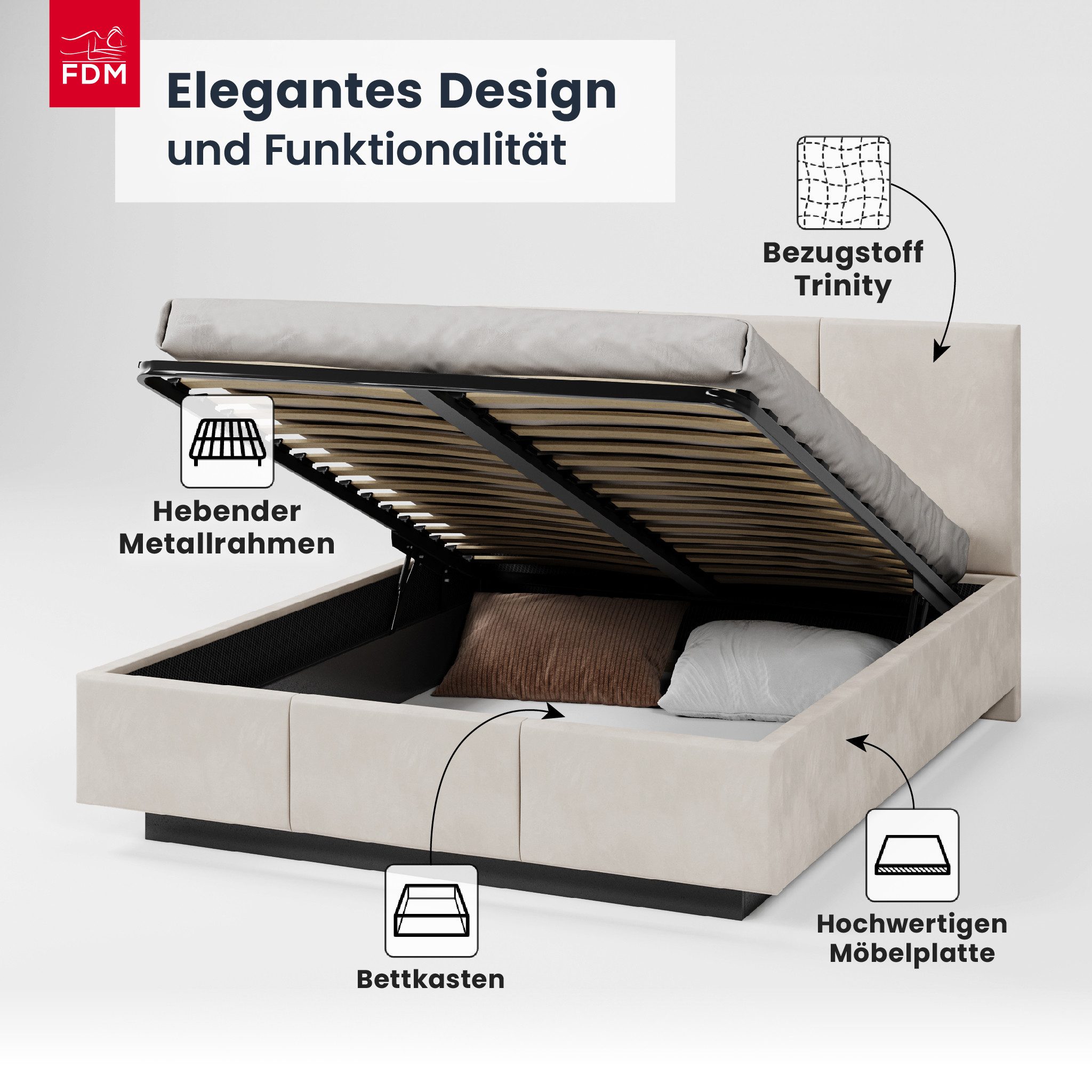 FDM Polsterbett ALMADA modern mit Bettkasten MADE IN EU - mit Trinity Velours Bezug (verfügbar 90x200 120x200 140x200 160x200 180x200cm, Bettrahmen, Bett, mit großen gepolsterten Kopfteil, mit Bettkasten zum aufklappen), Hebbarer Metallrahmen, Bettkasten, mit/ohne Matratze