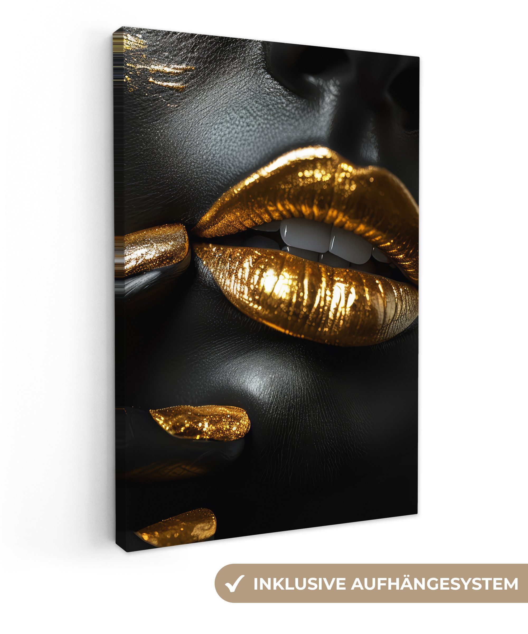 OneMillionCanvasses® Leinwandbild Lippen - Gold - Abstrakt - Schwarz - Frau günstig online kaufen