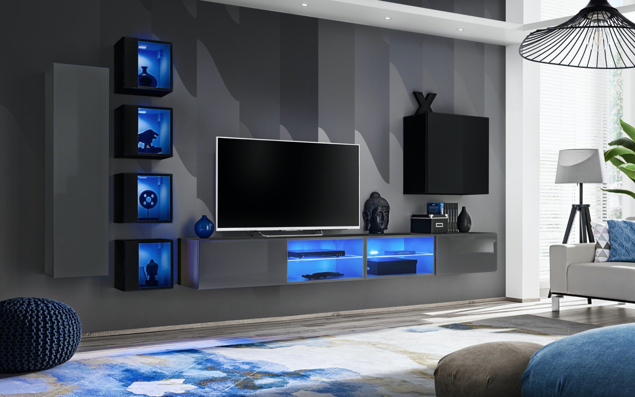 Wandschrank), Wandschrank, TV-Ständer Möbel Wohnwand Wohnwand beleuchtet 6x JVmoebel Komplett Wohnzimmer Modern (8-St., 2x + Ständer TV LED