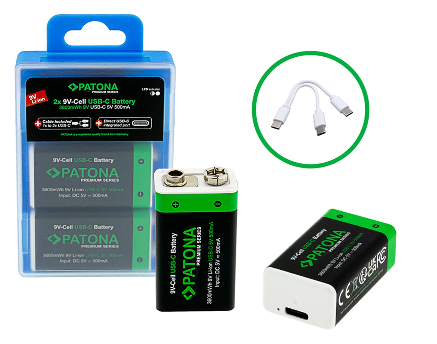 Patona 2 USB-C Batterien 9 Volt Block Akkus 6F22 Lithium 3600mWh 1.5V Batterie, aufladbar mit 1 zu 2 USB-C Ladekabel (im Lieferumfang enthalten)
