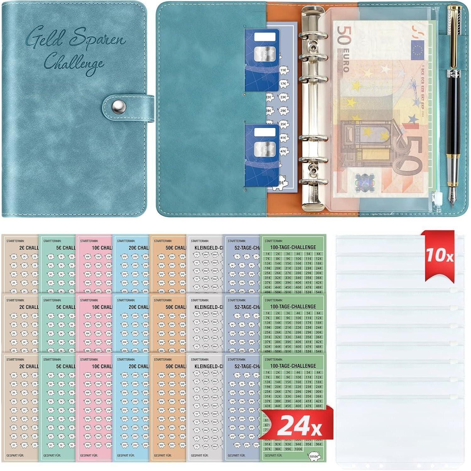 LuxusKollektion Ringbuchmappe Geld Sparen Challenge Buch mit 8 Spar-Challenges A6 Lederbindung