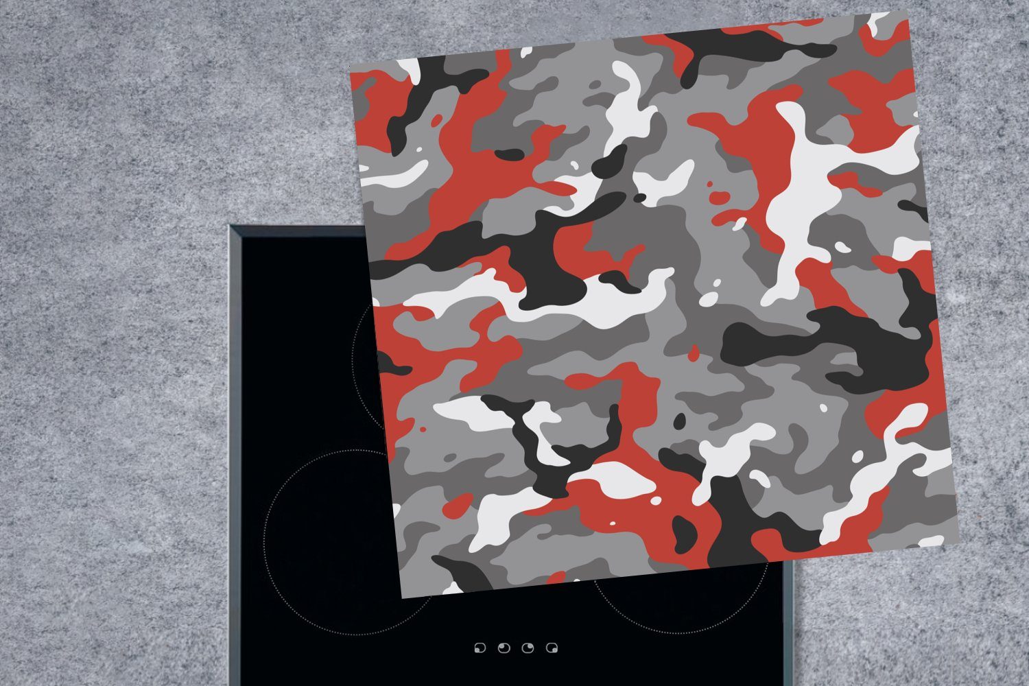 Arbeitsplatte (1 küche roten Akzenten, Camouflage-Muster Ceranfeldabdeckung, mit für cm, 78x78 MuchoWow tlg), Herdblende-/Abdeckplatte Vinyl,