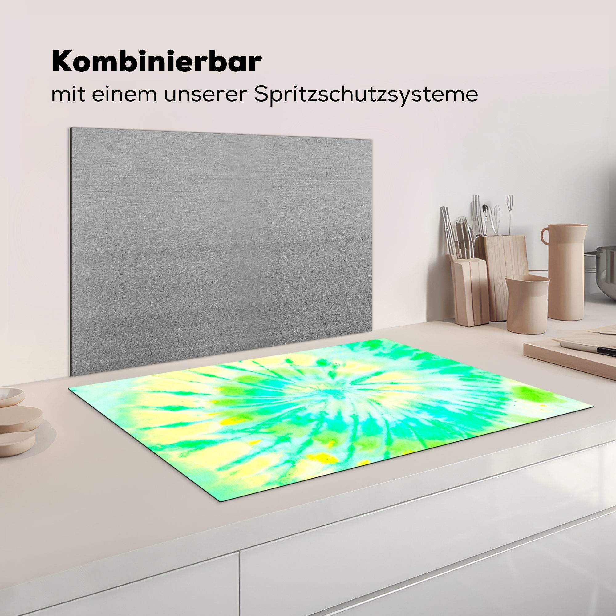 Grün, küche, 81x52 Gelb - MuchoWow Krawattenfärbung Schutz cm, für die Vinyl, Induktionskochfeld tlg), - Ceranfeldabdeckung (1 Herdblende-/Abdeckplatte