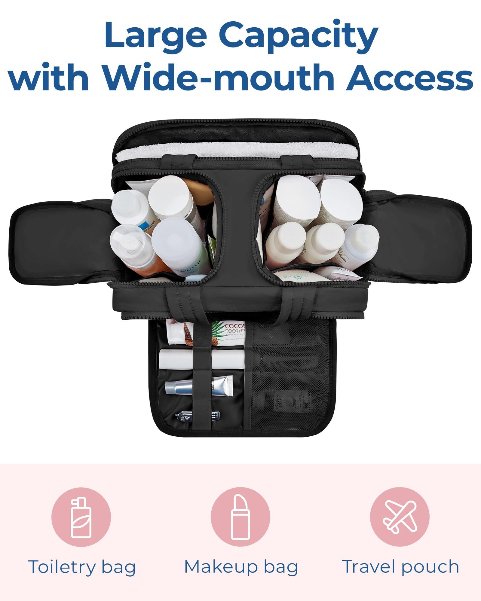 Forrlite Kofferorganizer Reise Kulturtasche Damen Große,Weit Offene Reise-Kulturbeutel (Kosmetiktasche Make up Organizer mit Griff für Zubehör), Essentials,Toilettenartikel, Schwarz