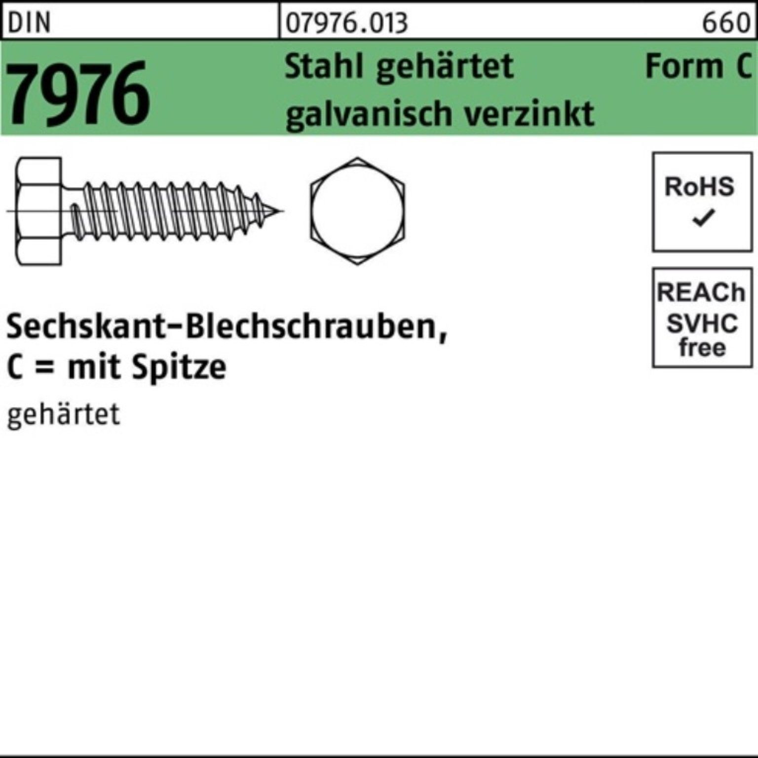 Reyher Blechschraube 500er Pack Blechschraube DIN 7976 Sechskant/Spitze C 5,5x22 Stahl geh.