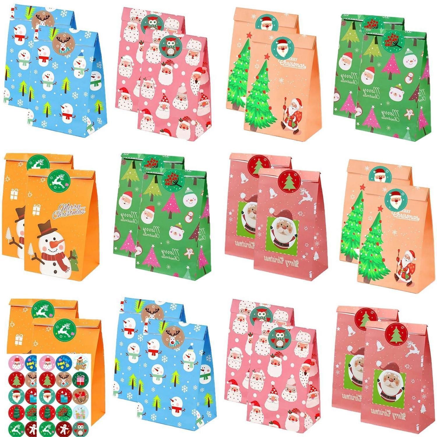 LuxusKollektion Geschenktüten Weihnachtstüten 24er Set mit Aufklebern, Kraftpapier, (24St)
