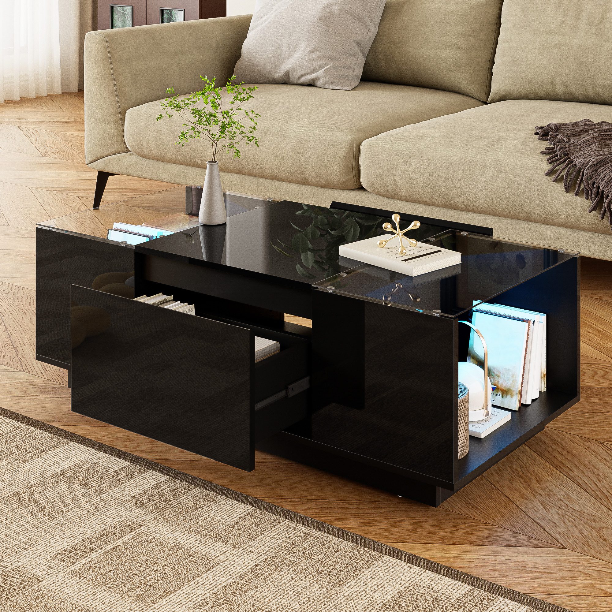 MODFU Couchtisch mit Stauraum – 2 Schubladen & offene Ablagen (Satztisch, Wohnzimmertisch, Beistelltisch, 1-St., 105 x 50 x 35 cm), Smart LED-Couchtisch – 16 Farben