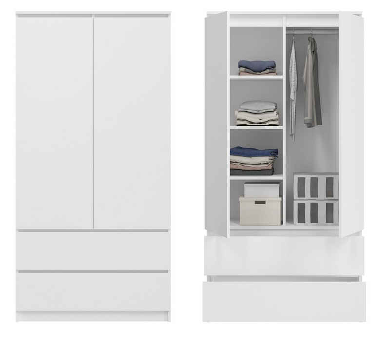 Home Collective Kleiderschrank weiß, natur 180cm Höhe 90cm Breite mit 2 Schublade, 3 Einlegeböden Kleiderstange Haushaltsschrank Organizer, erweiterbar auf 235cm Höhe, weiß