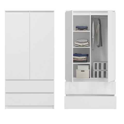 Home Collective Kleiderschrank weiß, natur 180cm Höhe 90cm Breite mit 2 Schublade, 3 Einlegeböden Kleiderstange Haushaltsschrank Organizer, erweiterbar auf 235cm Höhe