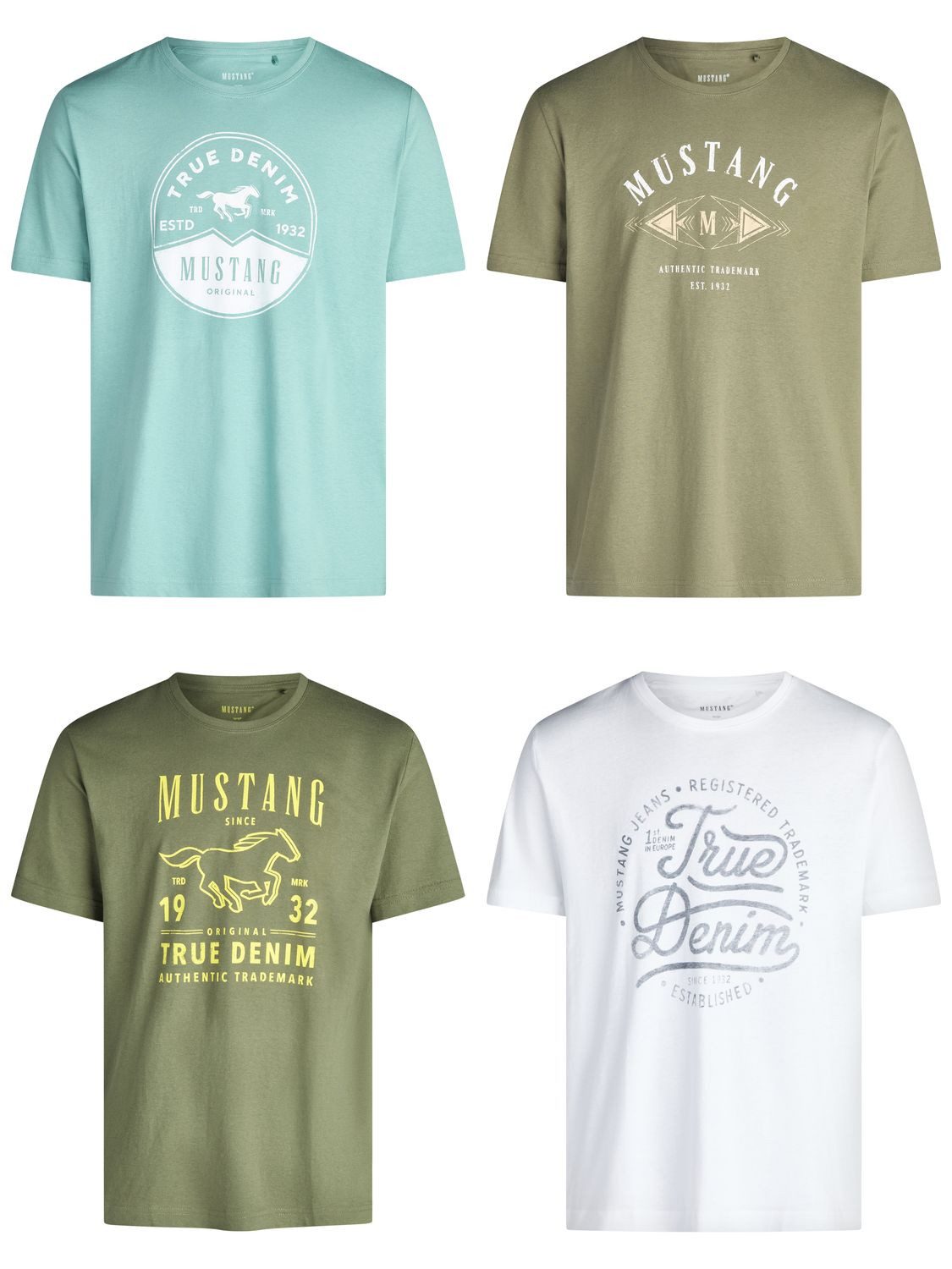 MUSTANG T-Shirt Herren Printshirt 4er Pack Set Regular Fit (Vorteilspack, 4-tlg) Kurzarm Sommer Tee Shirt mit Rundhalsausschnitt aus 100% Baumwolle