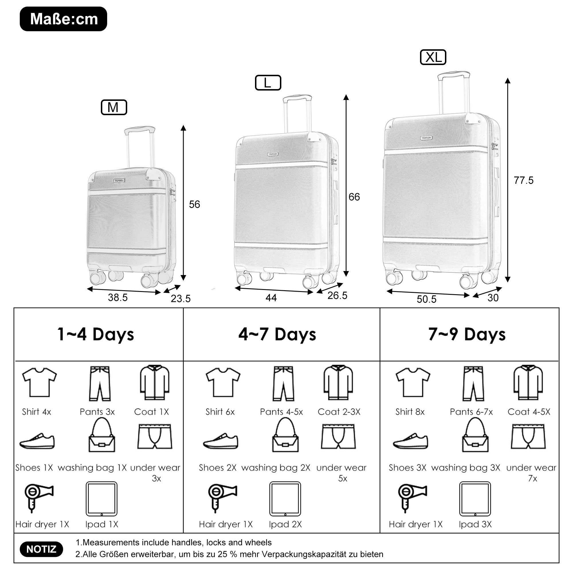 360°leises Zollschloss, TSA Räder, Rollen, Rollkoffer 77.5*50.5*30 Universal- 4 Dunstblau+braun BlingBin XL, Handgepäck Hartschalen-Trolley