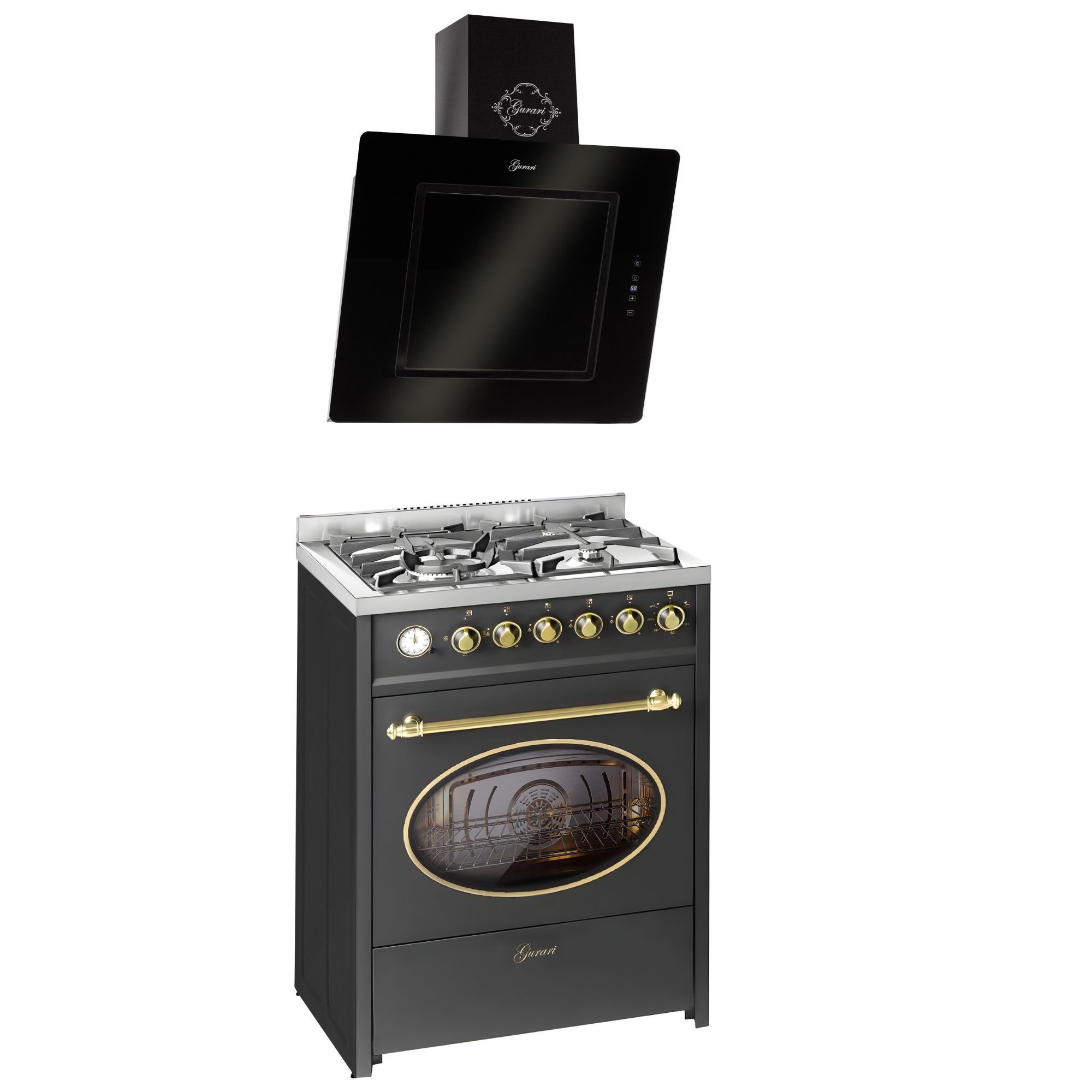 GURARI Gas-Standherd Retro Gas Elektro Standherd 60 cm Erdgas Fl.Gas 4 Kw WOK, 8 Funktionen+Dunstabzugshaube 60 cm, 1000m³ E 614 BL r+GCH S 155 60 BL PRIME N, mit 1-fach-Teleskopauszug