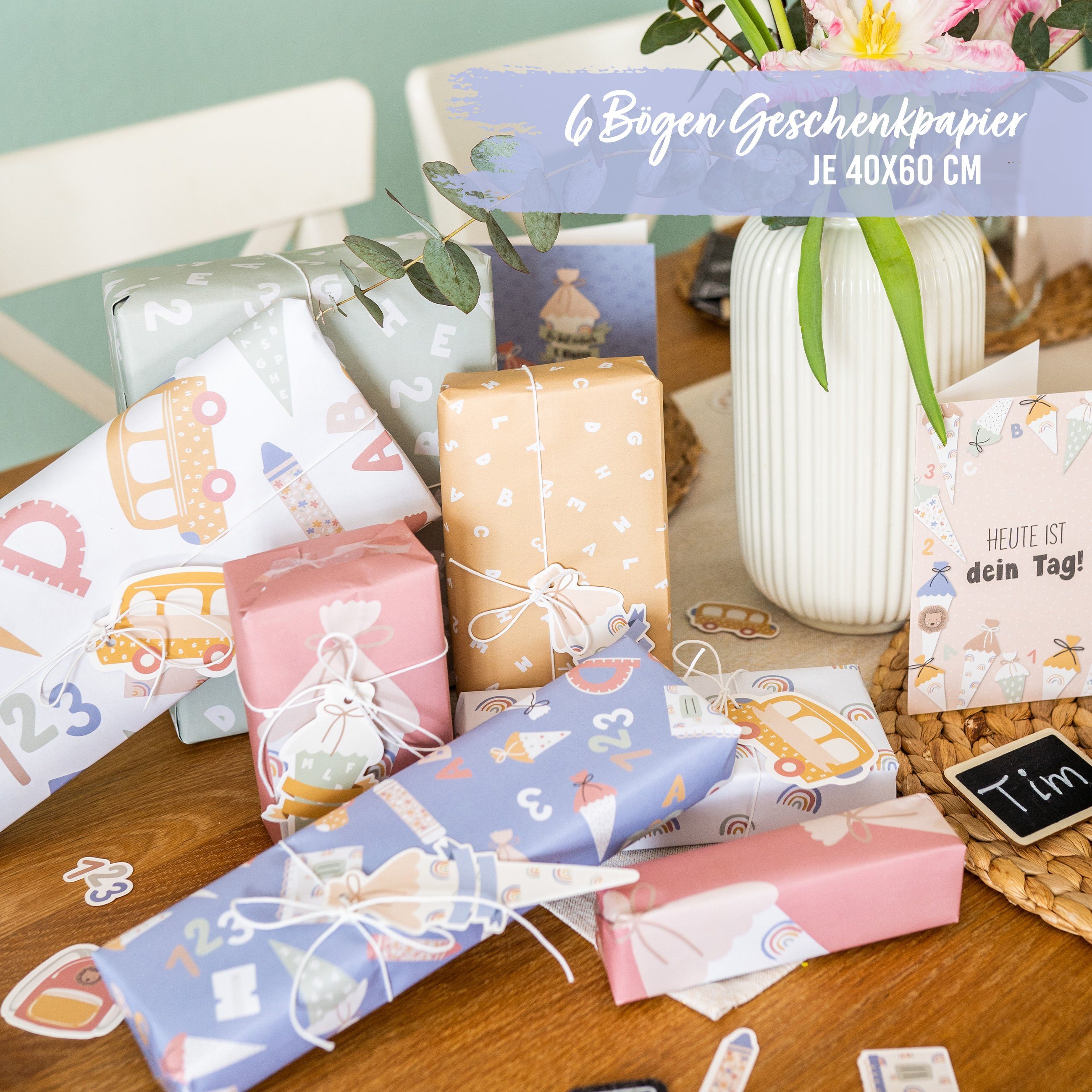 PAPIERDRACHEN Geschenkpapier Geschenkpapier zur Einschulung - verschiedene Motive, doppelseitig bedruckt und Anhänger mit Baumwollschnur