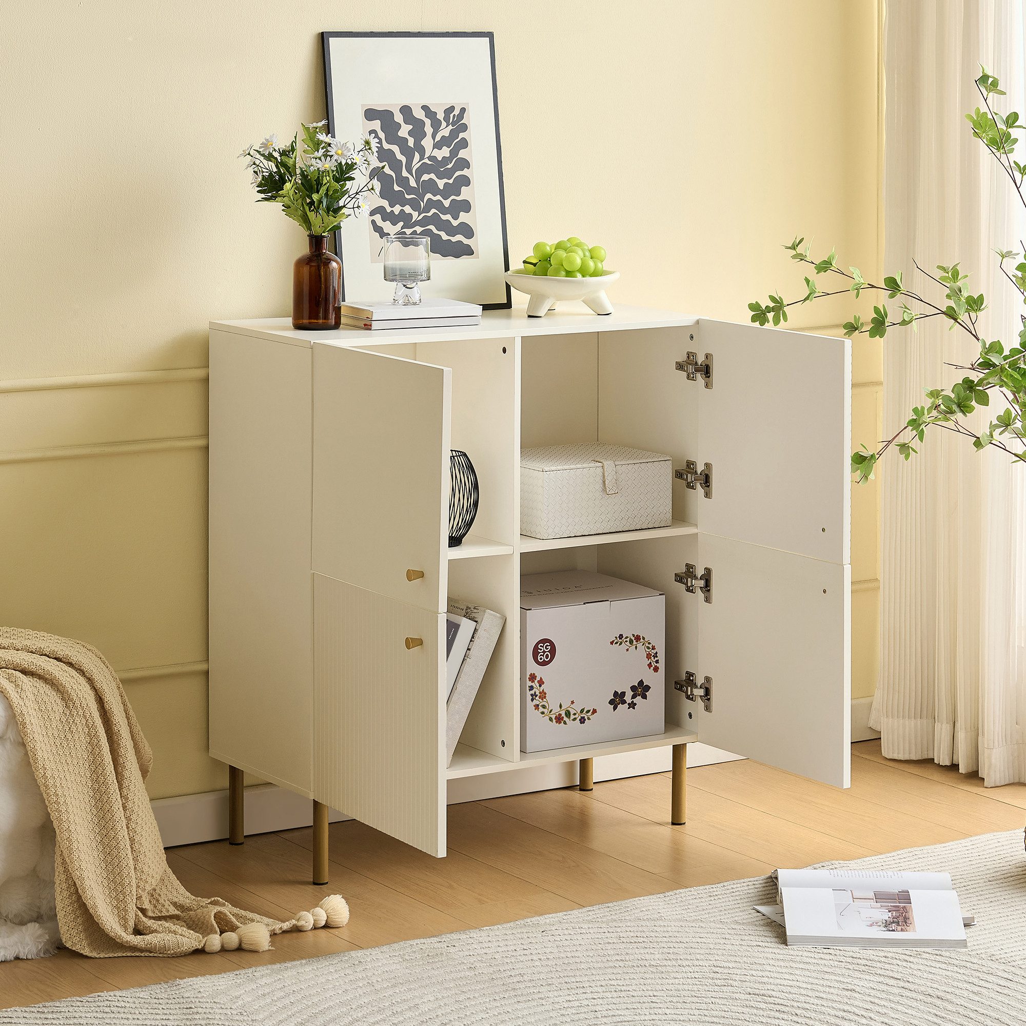 Refined Living Sideboard Aufbewahrungsschrank mit 4 Türen, Kommode, Wohnzimmerschrank (80 L × 36 B × 90 H cm, Modernes weißes Sideboard aus MDF mit Metallbeinen – Bild 5 von 5
