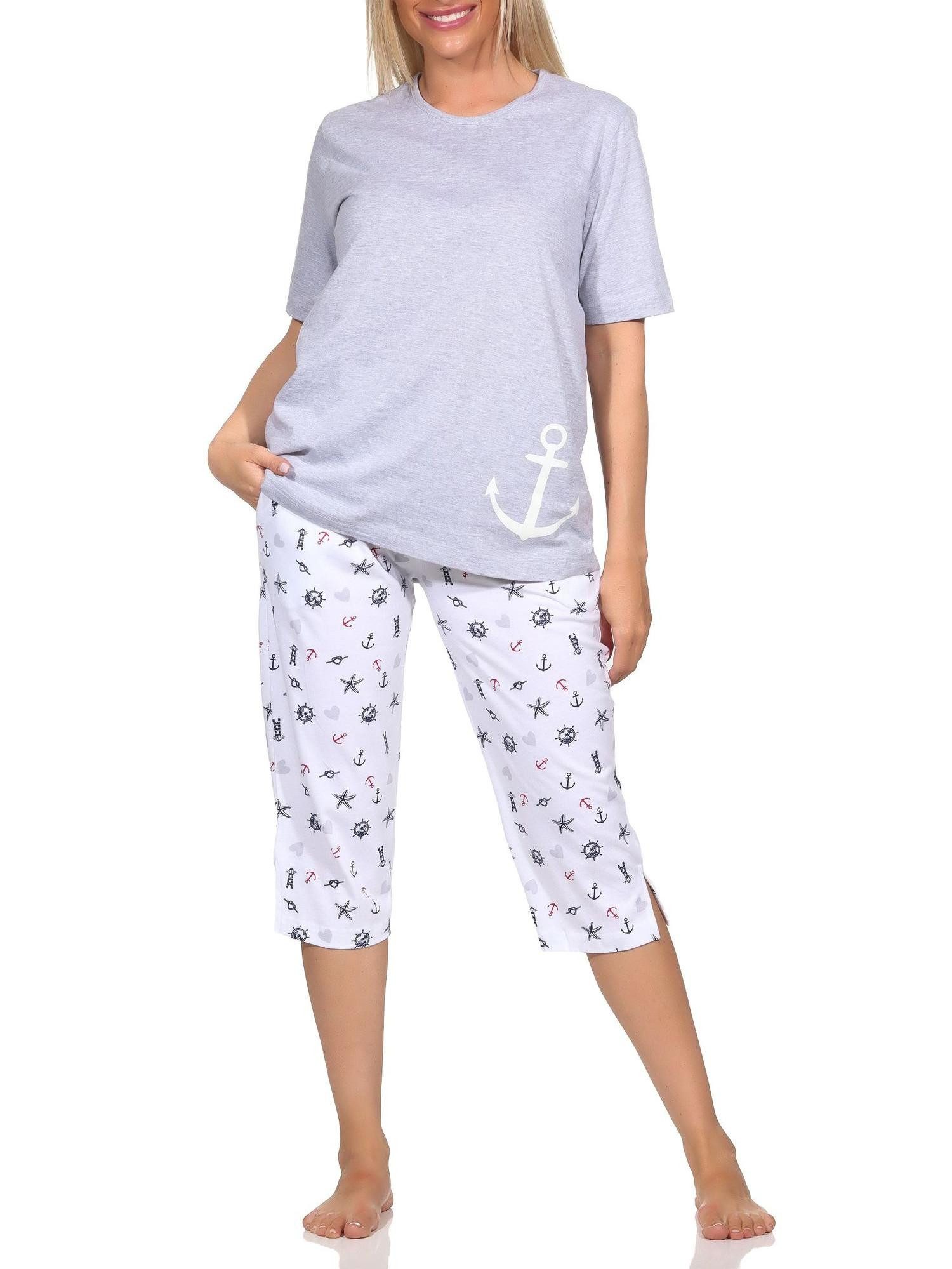 Pyjama Damen kurzarm Capri Schlafanzug in maritimer Optik -auch in Übergröße