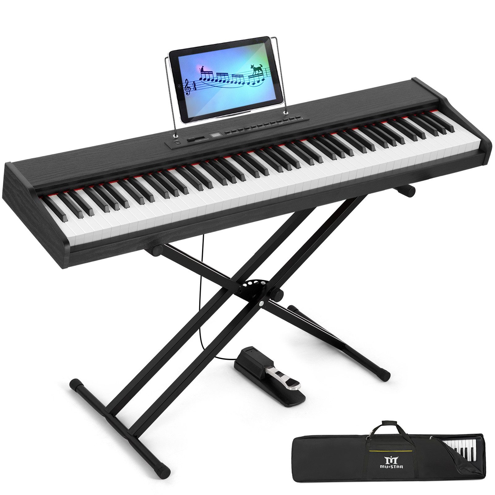 MUSTAR Digitalpiano 88-Tasten E-Piano mit Ständer, kabellose Verbindung, Koffer, Sustain-Pedal, tragbares Vollgrößen-Klavier für Anfänger