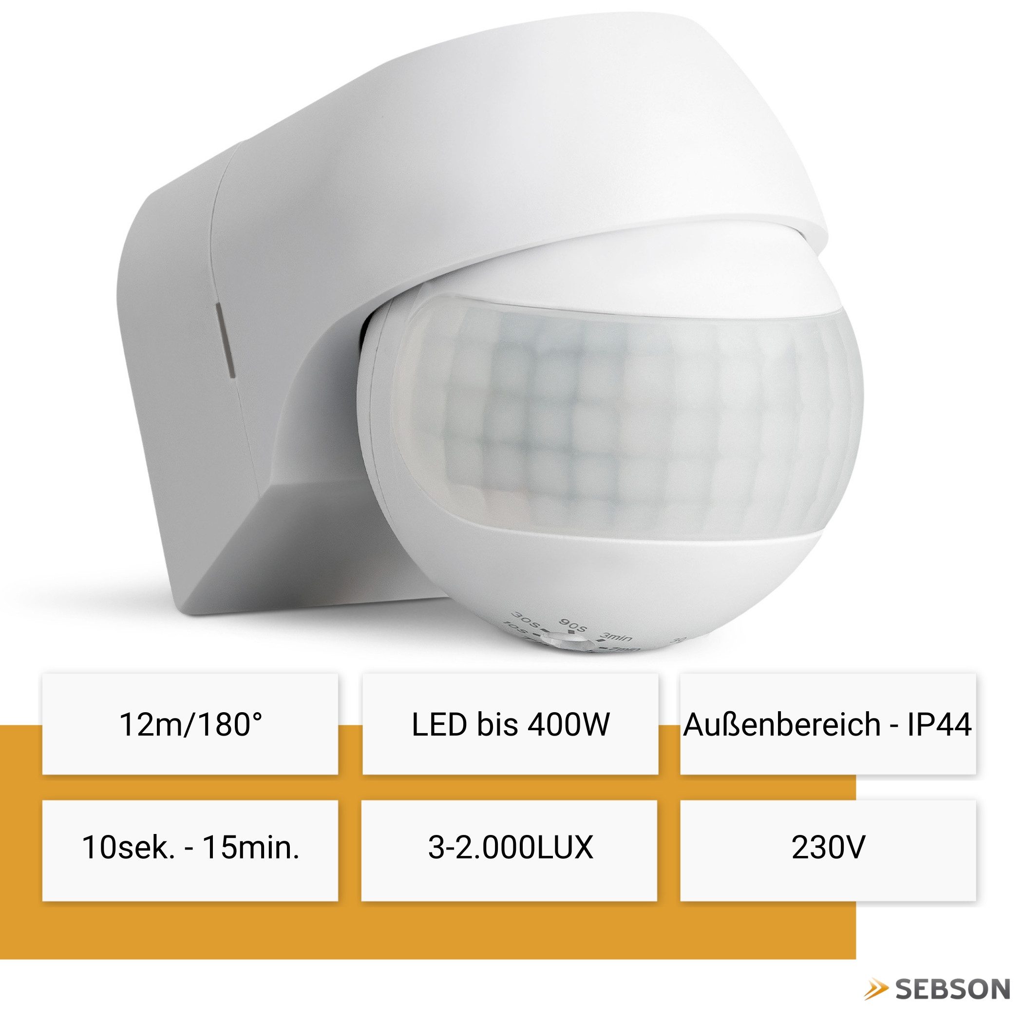 SEBSON Bewegungsmelder Infrarot Sensor Außen IP44 Aufputz Wand - Reichweite 12m 180° Winkel, (1-St), Wandmontage, schwenkbar, programmierbar, LED geeignet 400W, 3 Draht