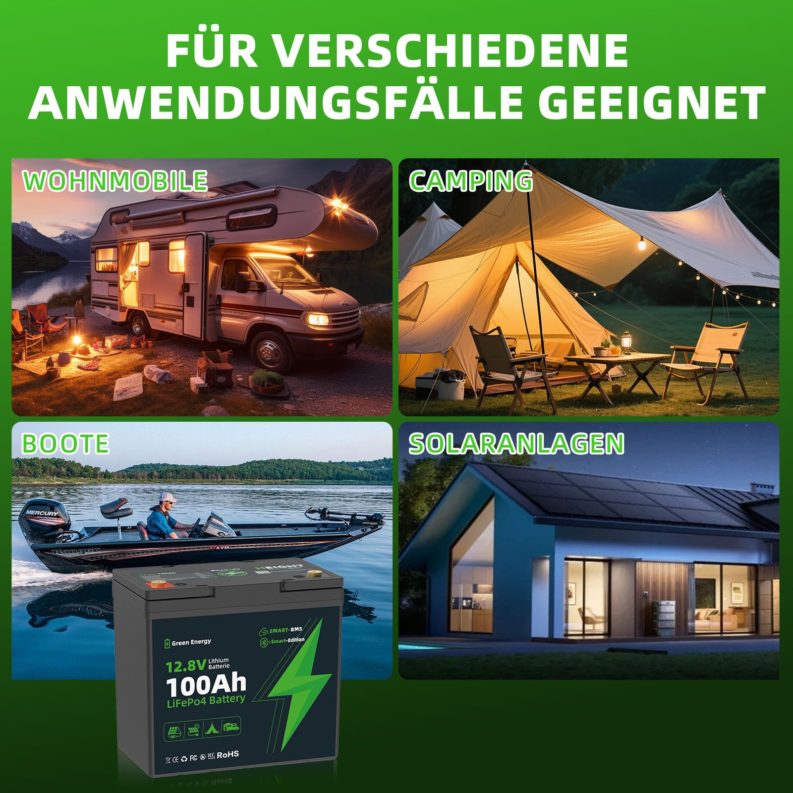 Blossom LiFePO4 Batterie 12V 100Ah mit Bluetooth SMART-BMS, Solar Batterie, Lithium Batterie für Wohnmobil, Camping, Boot und Energiespeicherung