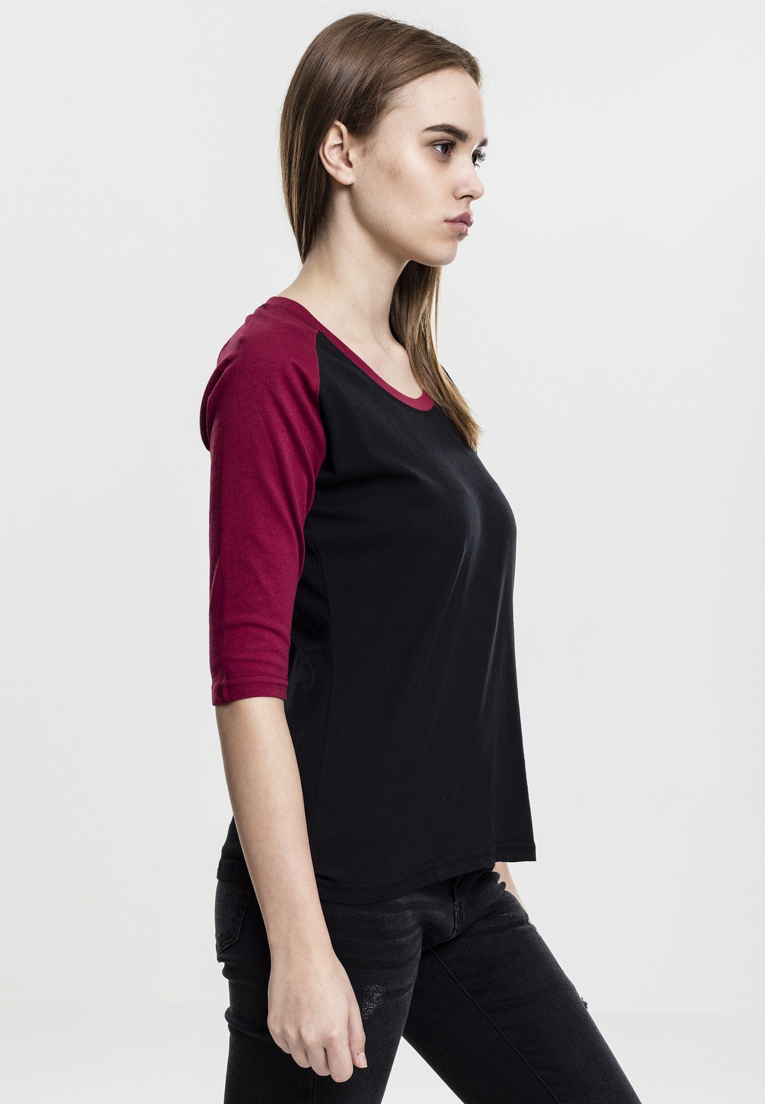 Kurzarmshirt CLASSICS Contrast black/burgundy Ladies 3/4 Raglan Damen (1-tlg) URBAN Tee